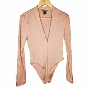 Forever 21 Nude Ribbed Knit Plunge Bodysuit Size L